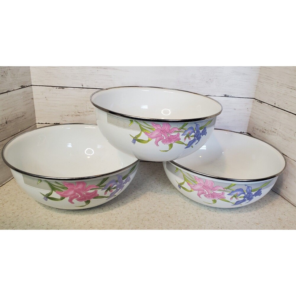 Vintage MCM Enamel Metal Mixing Bowl Set 3 Floral Iris Pink Purple Nesting Grand